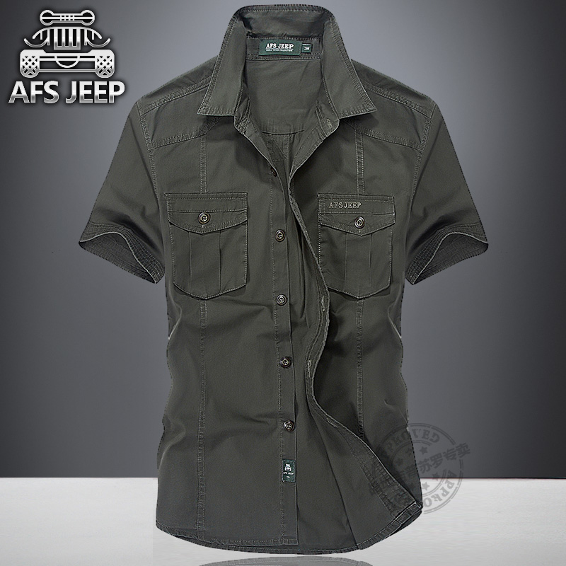 Afs Jeep/战地吉普新款夏装短袖衬衫男军装纯色大码休闲纯棉衬衣