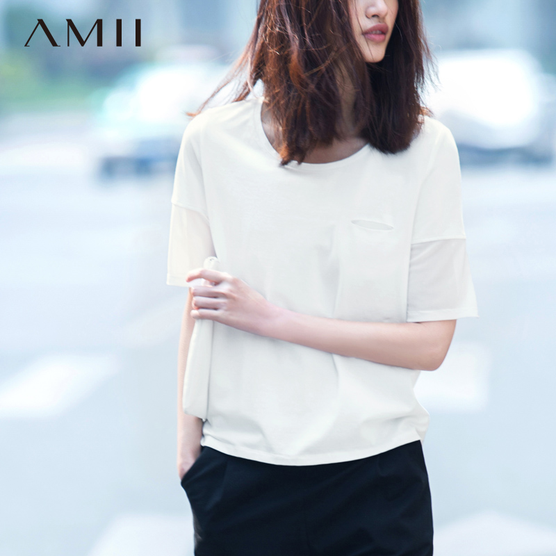 Amii及简女装2015夏装新款艾米圆领透视网纱拼接短袖宽松大码T恤