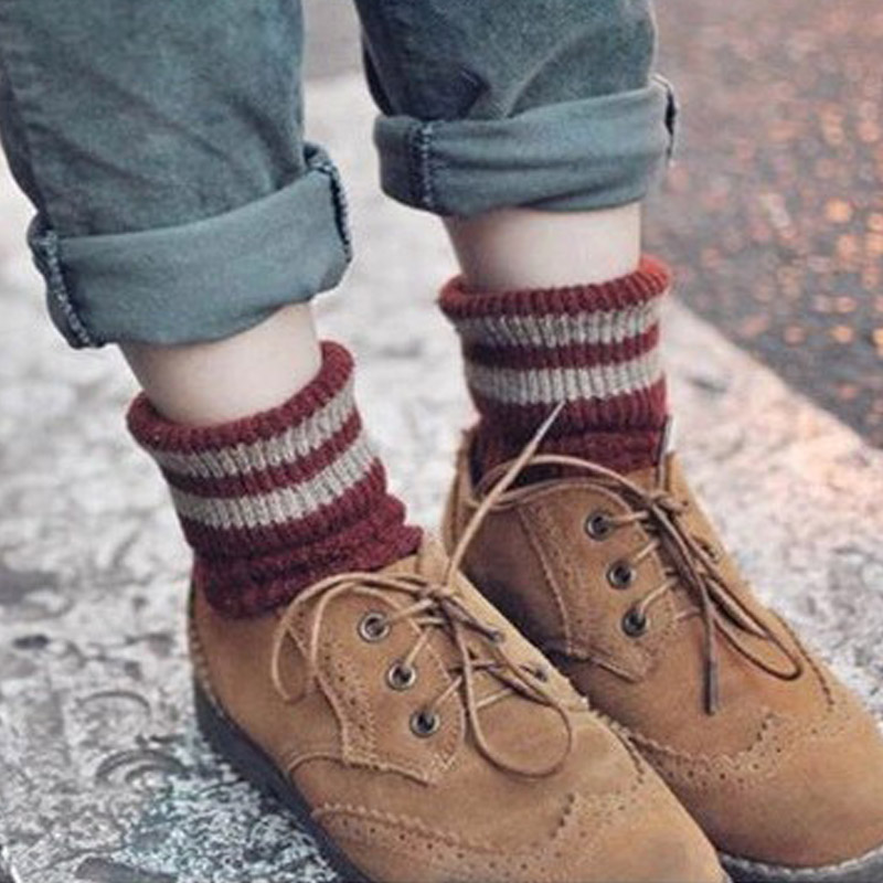 双针冬季保暖袜子女袜翻口羊毛袜 中筒袜两条杠翻边民族风女袜