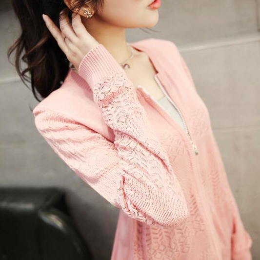 春季新款2015韩版女装时尚圆领镂空薄款针织衫外套毛衣女开衫