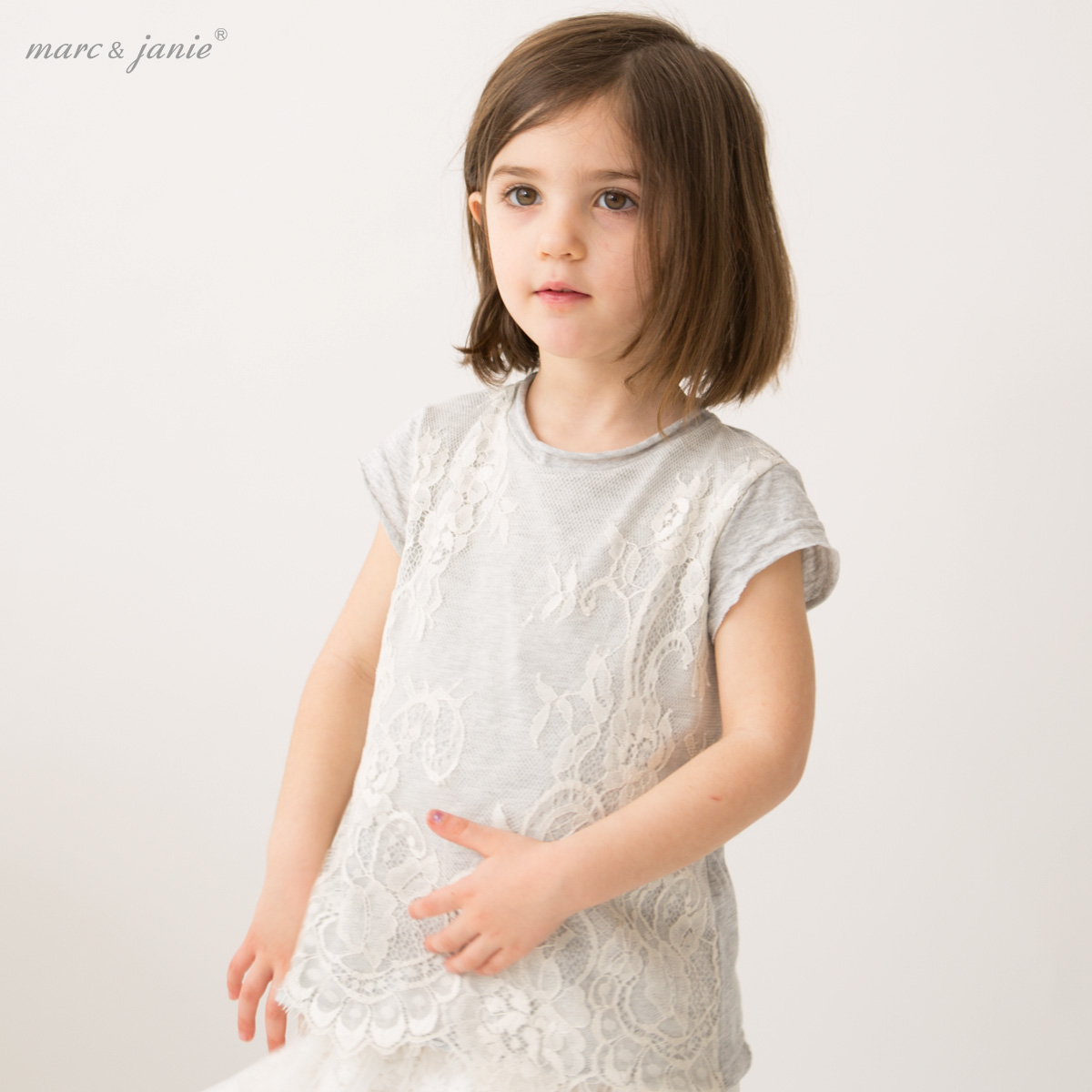marcjanie 马克珍妮2015新款儿童蕾丝T恤 女童纯棉短袖上衣15805