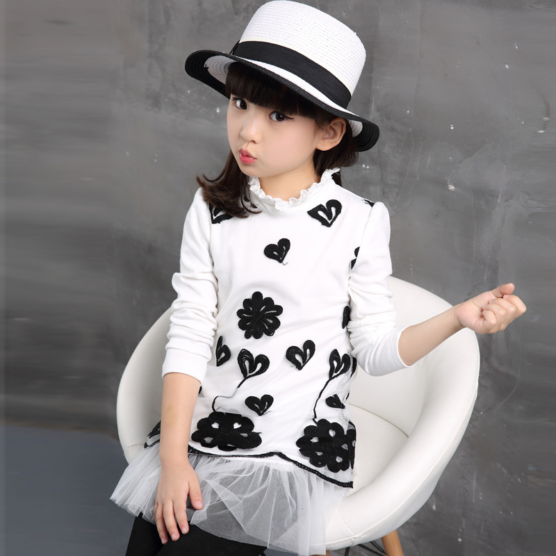 2015春秋新款女童花朵打底衫韩版儿童刺绣立领上衣蕾丝长袖T恤潮