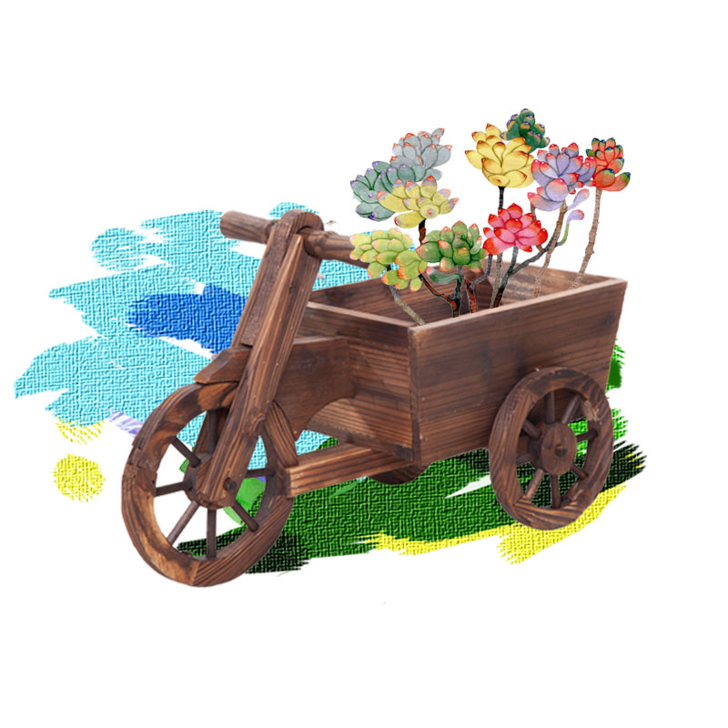 园艺装饰花盆 实木花盆 乡村主题碳化木花盆 复古三轮车型木花盆