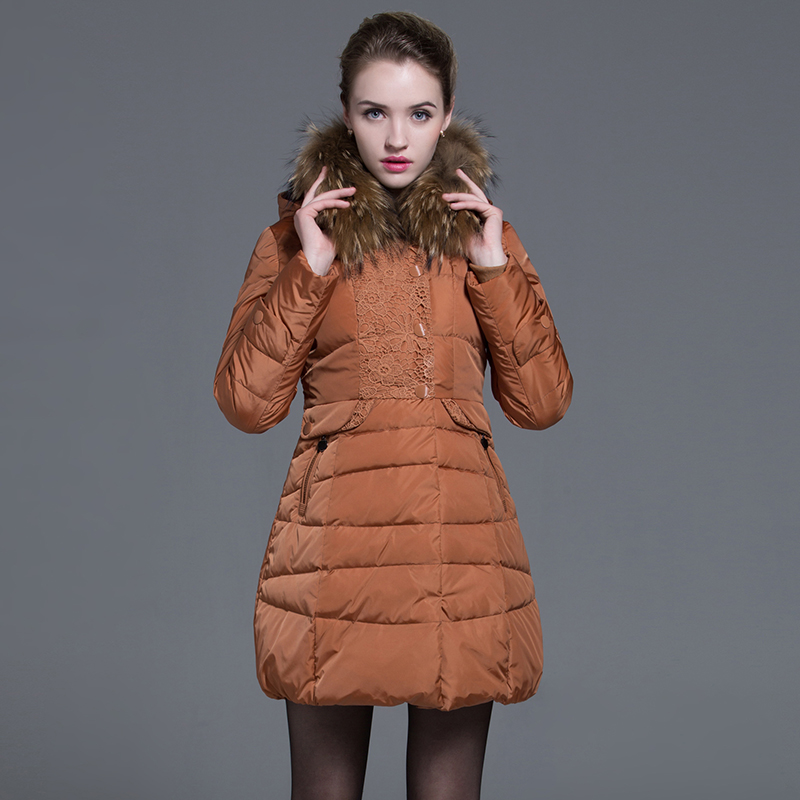 2015冬装新款超大毛领蕾丝拼接中长款羽绒服女修身外套潮