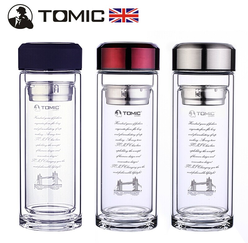 英国TOMIC/特美刻双层玻璃杯带盖过滤透明创意水杯子水晶杯花茶杯