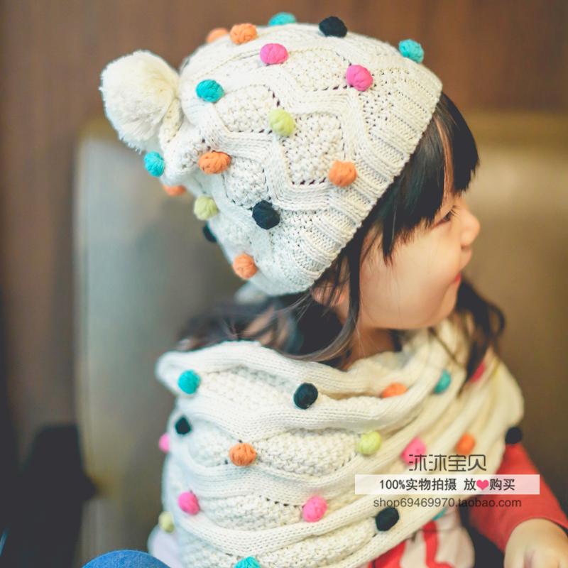 伊米伦儿童针织帽子围巾套件女童宝宝纯棉线米色单层薄款帽子围脖