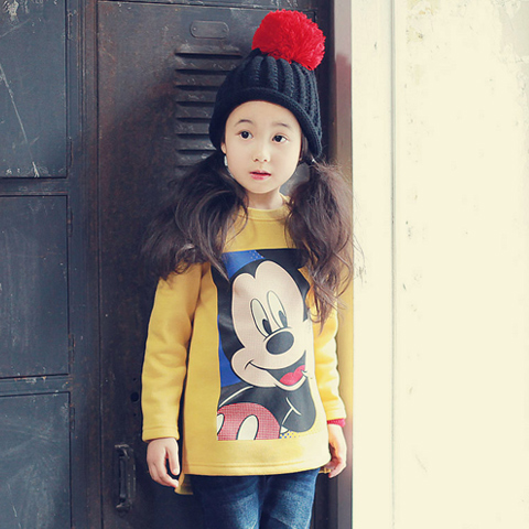 蔚思莉韩版童装2016秋款女童T恤 时尚米奇老鼠长袖棉打底上衣黄