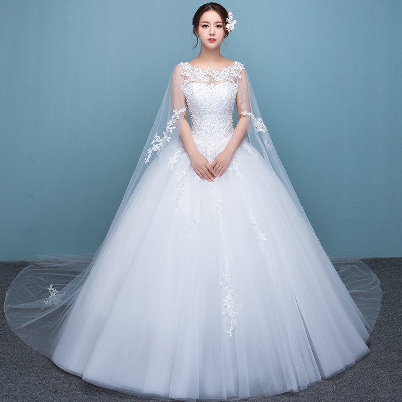 婚纱礼服齐地2016新款一字肩纱新娘结婚韩式双肩蕾丝大码显瘦拖尾