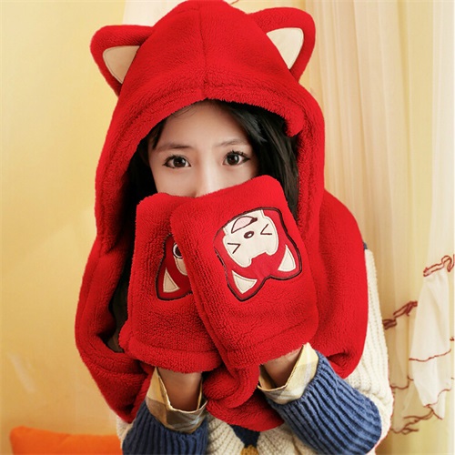 韩国可爱阿狸毛绒帽子围巾手套三件一体套装女学生秋冬季加厚保暖