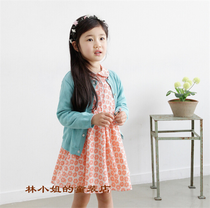 2015春款韩版女童 纯棉女童翻领连衣裙 蓝色针织开衫