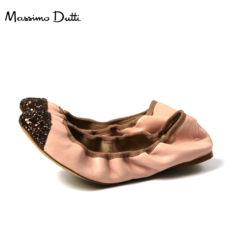 Massimo Dutti专柜正品秋款亮片真皮拼色蛋卷女鞋平底单鞋 粉色