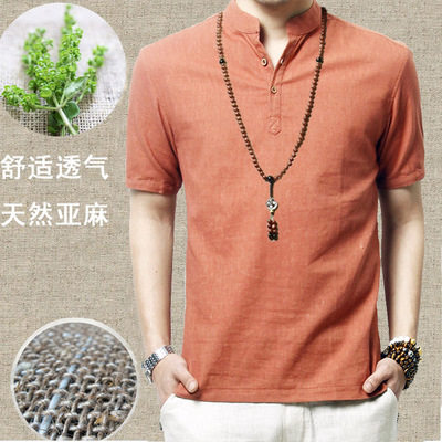 中国风夏季亚麻衬衫男薄款短袖棉麻衬衣立领亚麻t恤纯色宽松大码