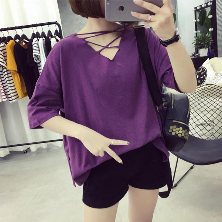 2017夏季新款韩版女装宽松大码半袖上衣纯色蝙蝠衫V领镂空短袖T恤