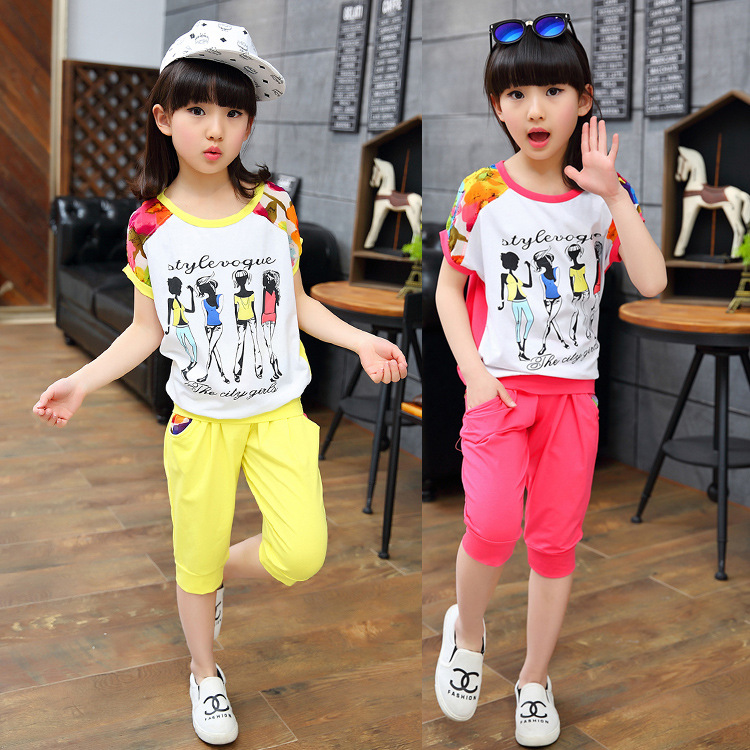 童装2016新款韩版女童运动套装夏季儿童全纯棉短袖T恤衣服两件套