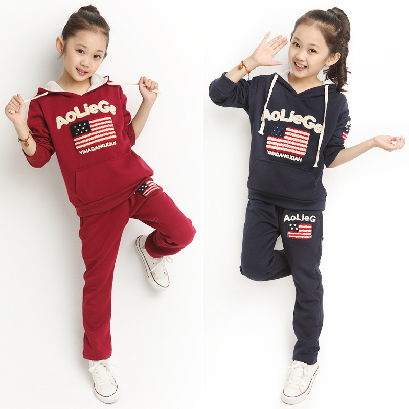2014新款韩版童套装女童秋装国旗两件套中大儿童套装童装