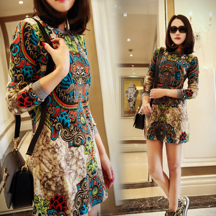 韩国2015秋装新款复古印花打底长袖气质美裙羊毛连衣裙女装