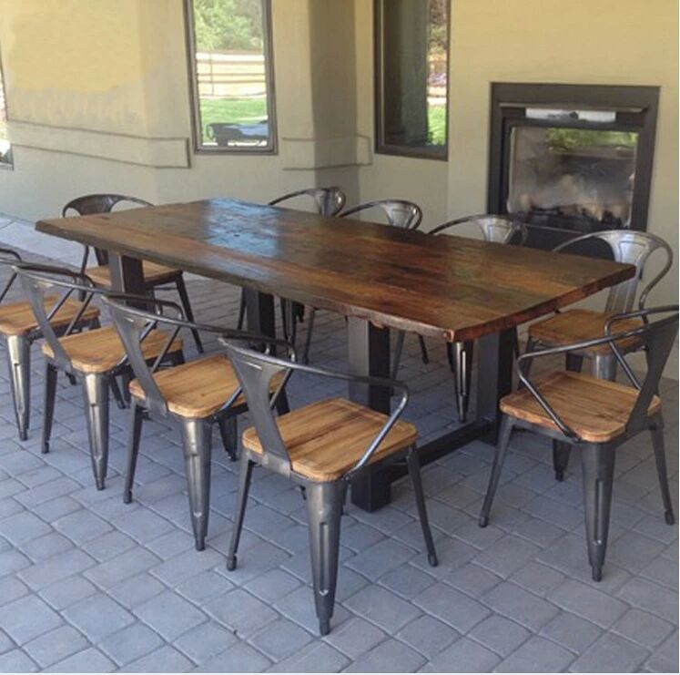 美式乡村咖啡厅铁艺餐桌椅实木家具原木复古铁艺餐桌椅书桌会议桌