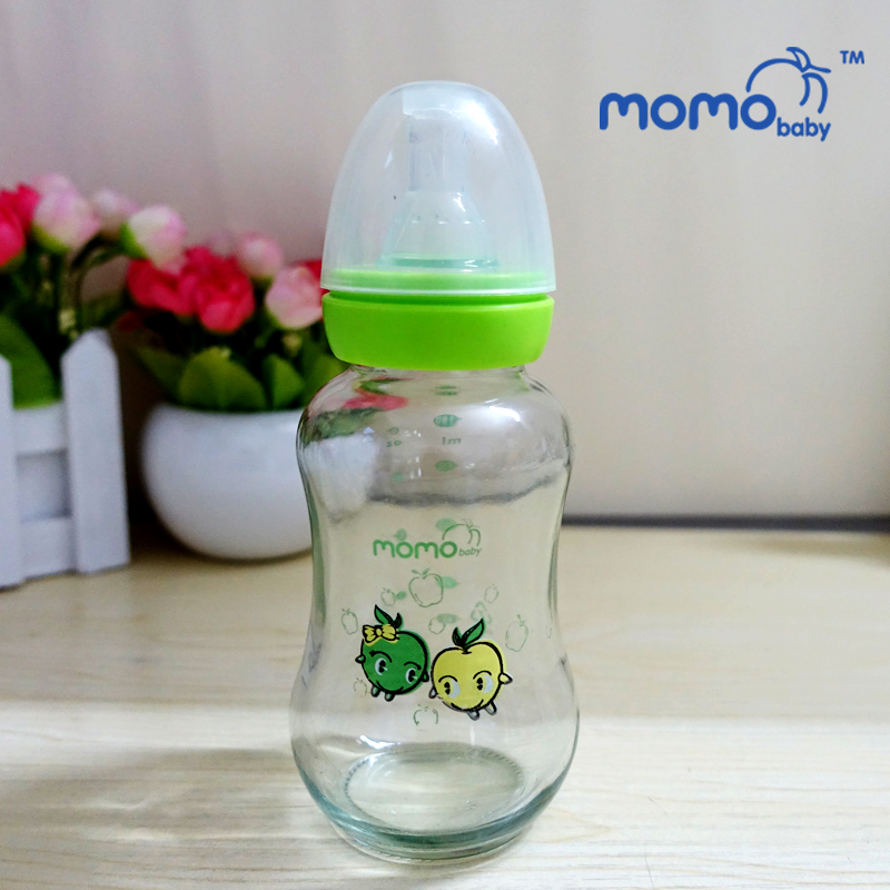momobaby婴儿奶瓶180ml玻璃奶瓶防胀气感温新生儿宝宝喝水奶瓶