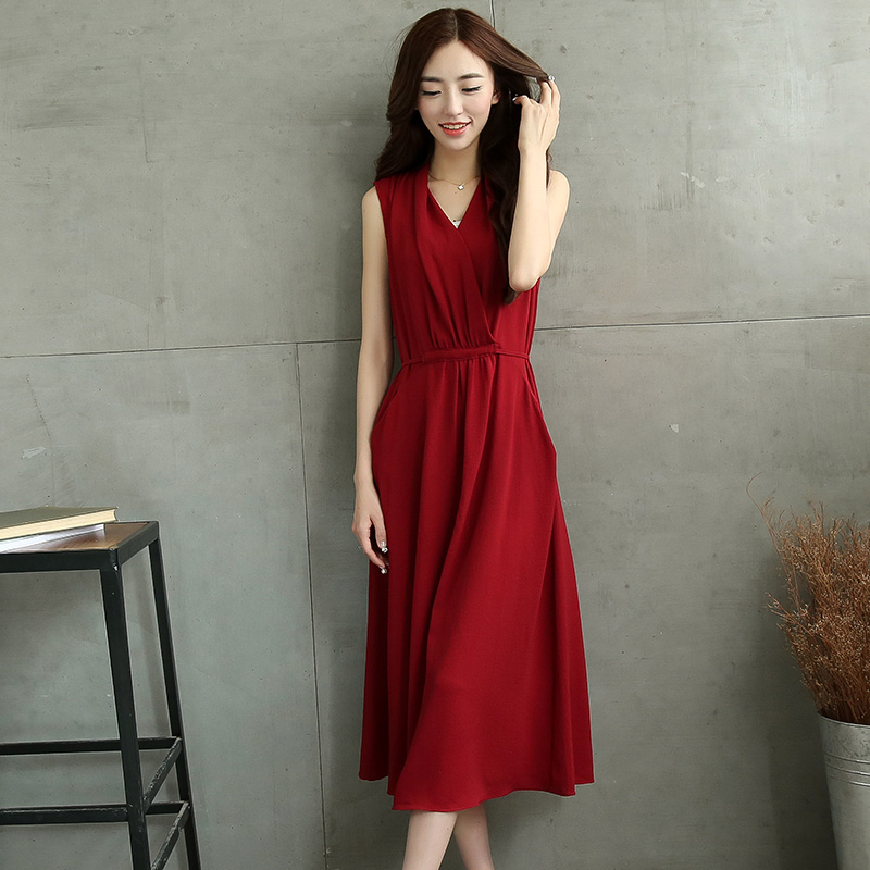 2015夏装新款韩版无袖个性V领抽绳收腰中长款连衣裙修身气质女