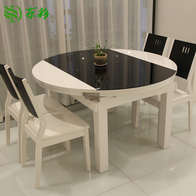 包邮韩式田园烤漆实木钢化玻璃伸缩餐桌椅组合 简约现代餐台饭桌