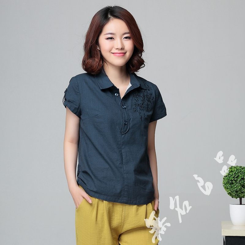2015夏装套头衫韩版妈妈装棉麻上衣大码中年女士有领子短袖T恤40