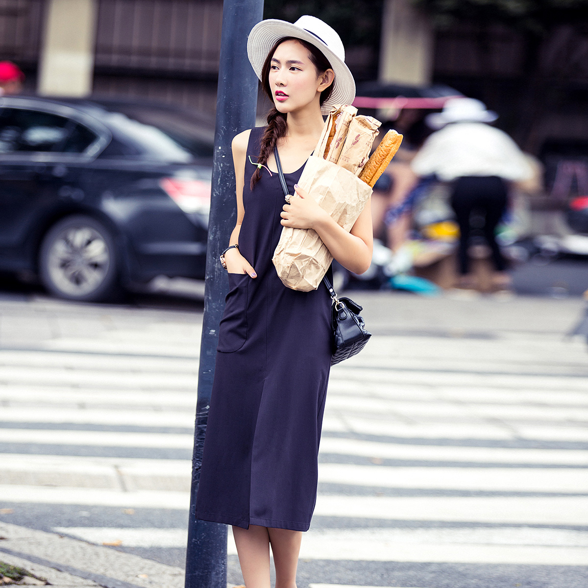 七格格2015夏季欧美新款基础连衣裙女黑色无袖气质修身显瘦长裙子