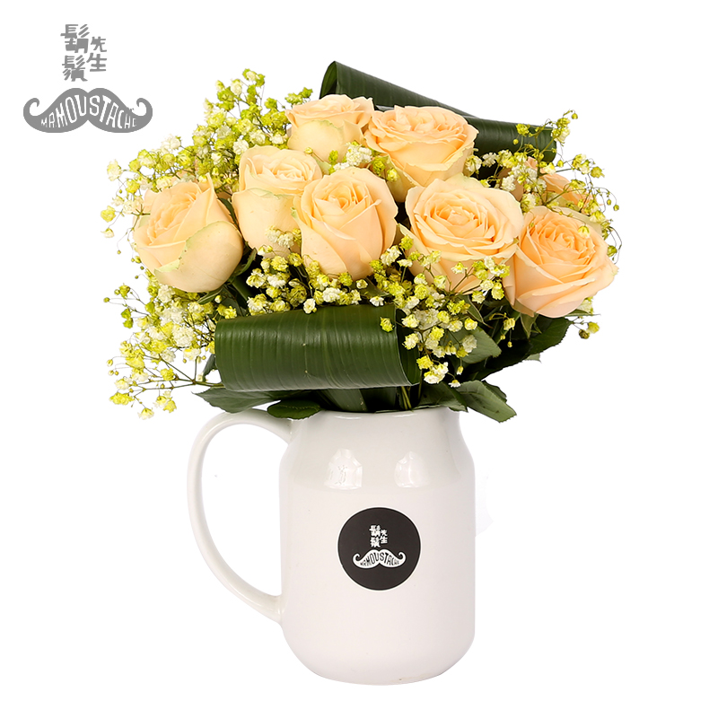 胡须先生「时光恋人」香槟玫瑰满天星搭配 花艺师限量鲜花设计款