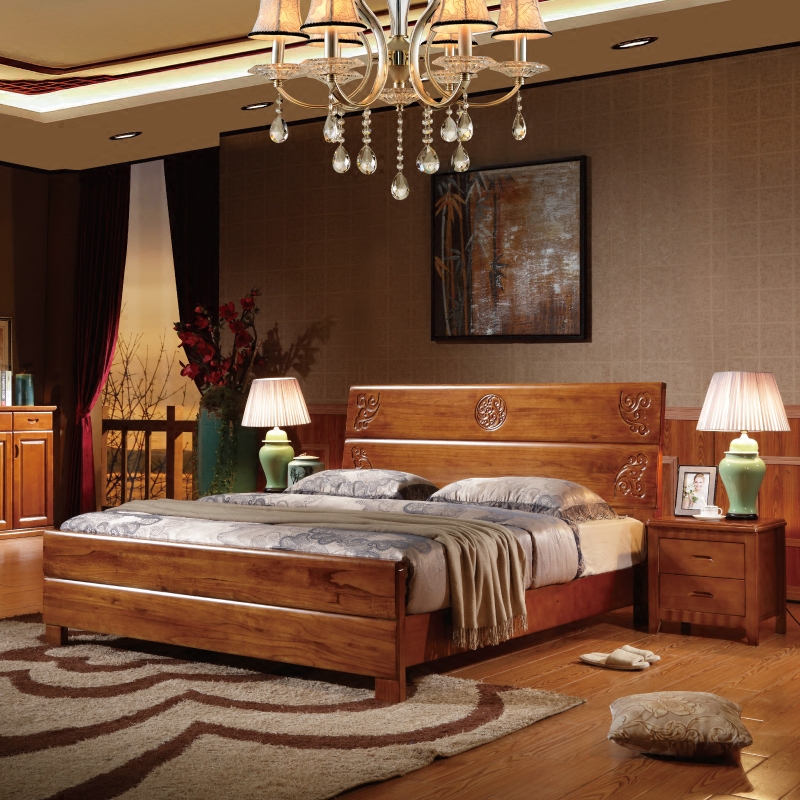 现代中式卧室雕花木床 全实木双人床1.8 高箱储物单人1.5松木床