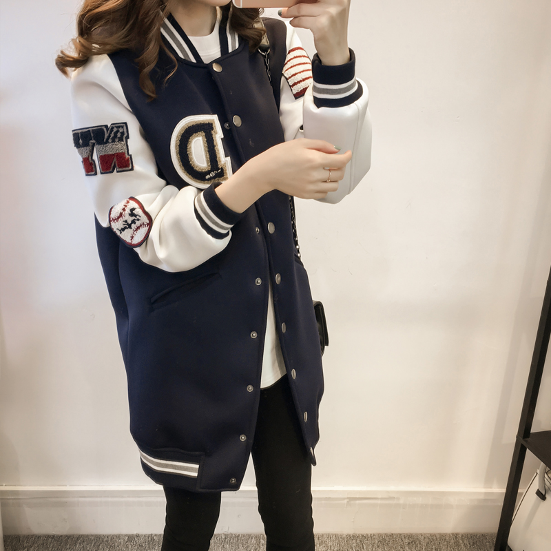 韩国代购2016新款外套女春秋韩版学生太空棉棒球服字母中长款夹克