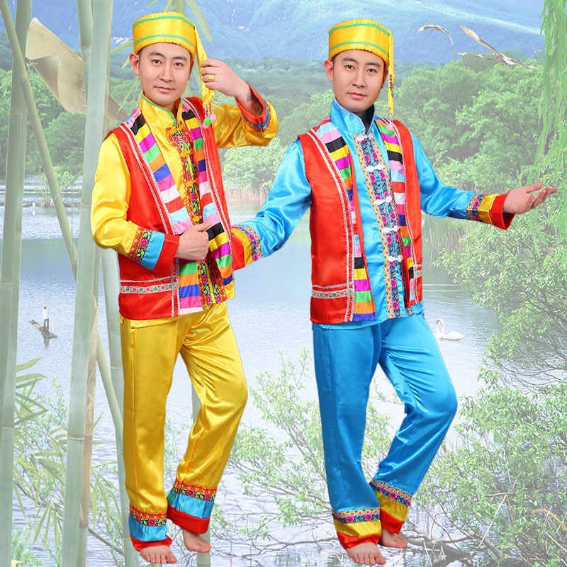 新款少数民族演出服装男装葫芦丝巴乌演出服壮族苗族彝族舞蹈男装