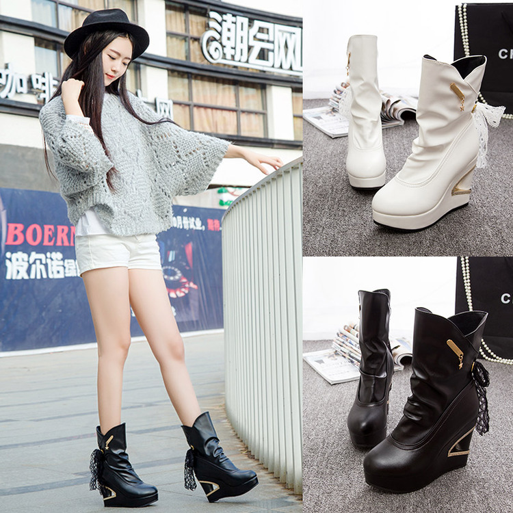 2015春秋季新款超高跟女鞋中筒靴细跟长靴子纯白色交叉套筒马丁靴