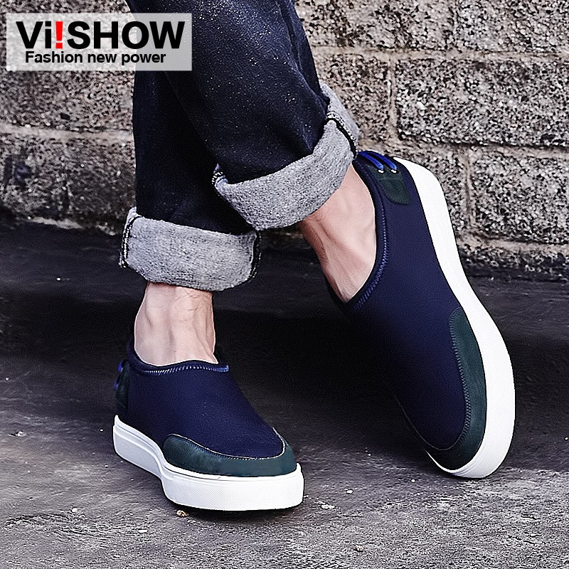viishow2015新款休闲低帮鞋 微弹布尖头平跟男鞋 一脚蹬系带装饰