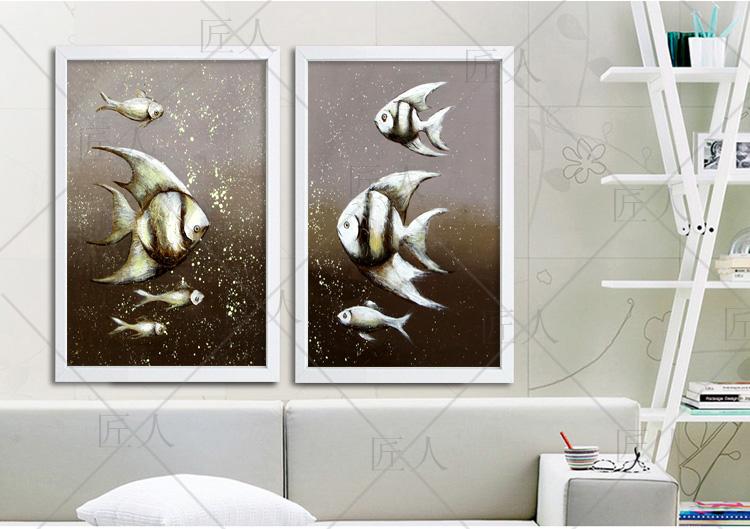欧式简约抽象装饰画 客厅沙发走廊挂画 纯手绘有框画 天使之鱼