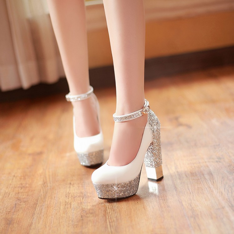 韩版公主鞋白色亮片新娘结婚鞋婚纱照单鞋女鞋晚礼服伴娘高跟鞋子