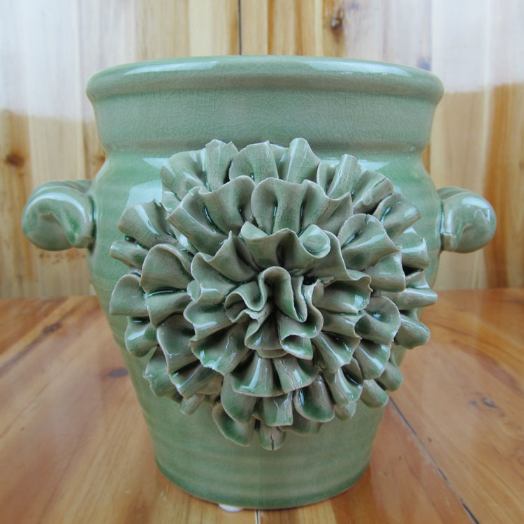 浮雕胸花绿色双耳花瓶花器美式法式田园美克美家陶瓷工艺品中号