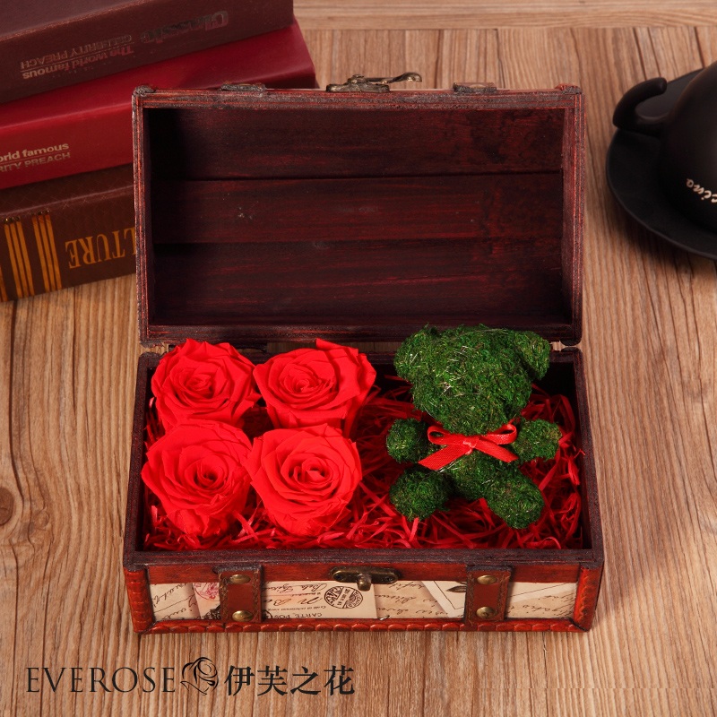 苔藓小熊永生花盒玫瑰鲜花礼盒装圣诞礼物高档进口保鲜花顺丰包邮