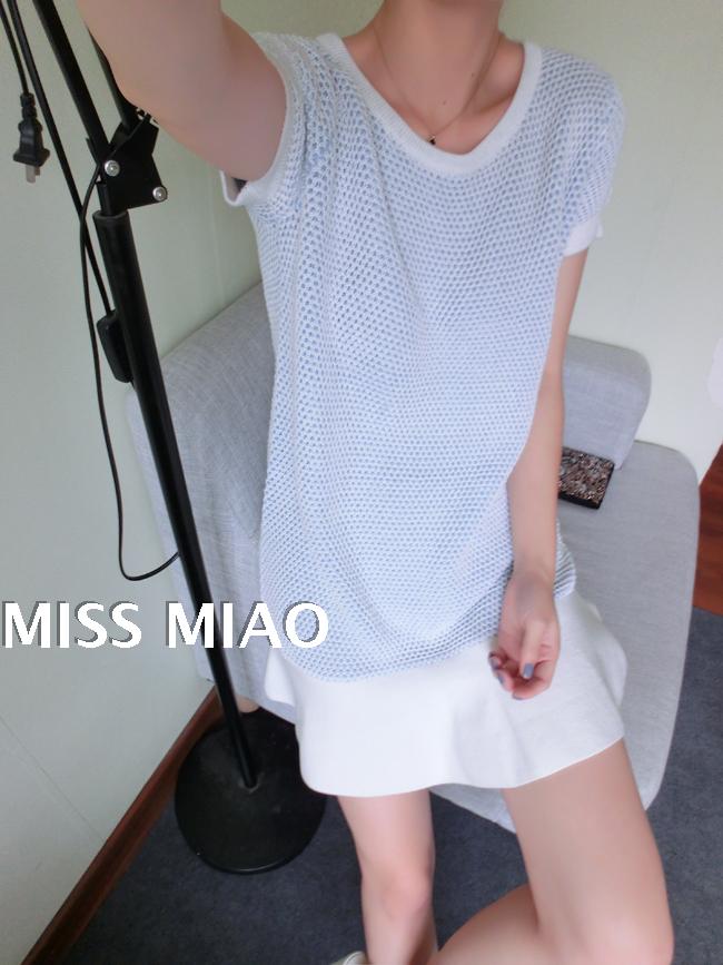◆ASM2015S/S◆夏季推荐 蓝白特殊混色针织下摆拼色短袖连衣裙