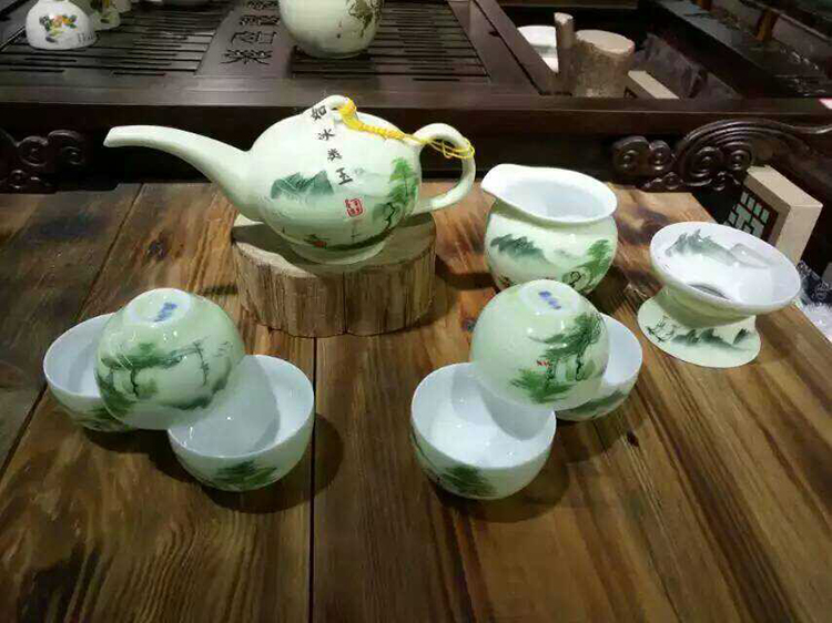 景德镇青瓷手绘山水画长嘴壶功夫茶具整套装陶瓷器茶壶茶杯送礼品