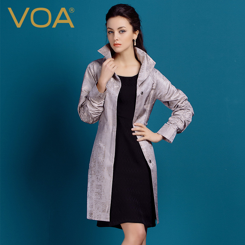 VOA经典热卖真丝色织提花立裁桑蚕丝风衣熟女欧版丝绸中长款外套