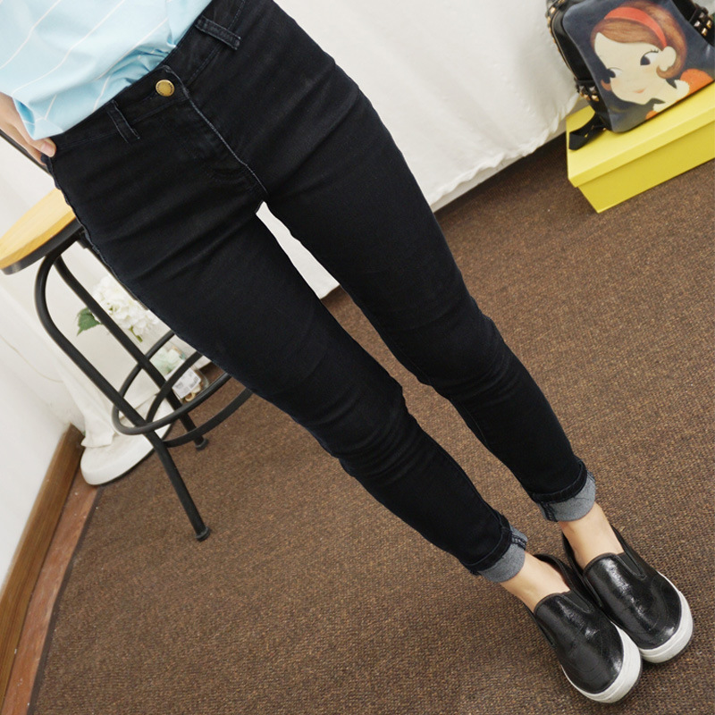 原创2015年秋季新款女式牛仔裤韩版修身显瘦黑色牛仔长裤