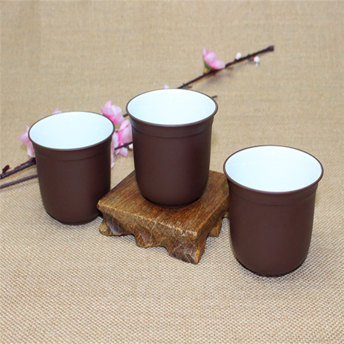 紫砂杯宜兴白釉小口杯大容量卷口品铭小茶杯卷边茶盅普洱杯紫泥