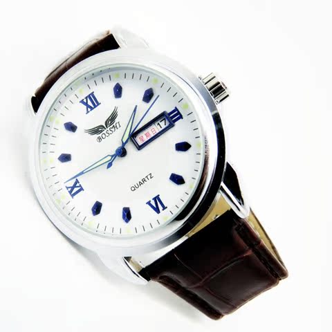商务男士双日历钢带手表 时尚学生手表男手表防水石英表非机械表