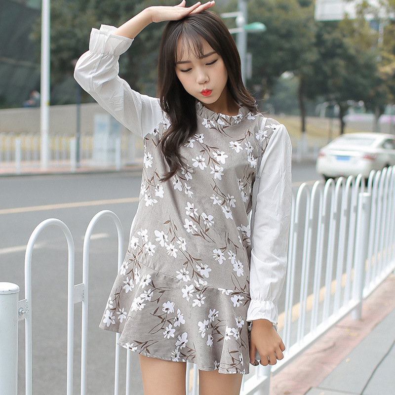 小鱼love安娜 2016春季女装新款韩版印花荷叶领褶皱袖设计连衣裙