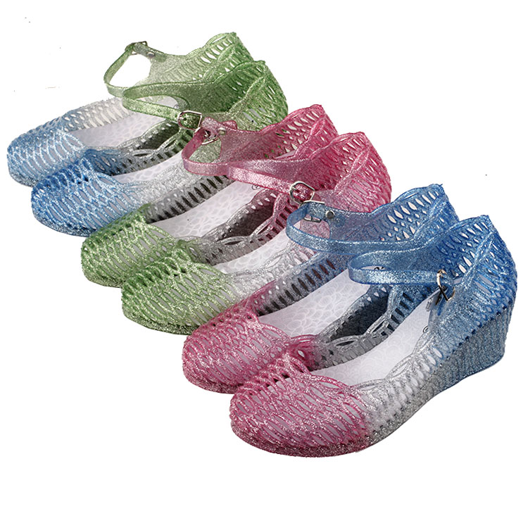 秋荣夏季坡跟搭凉鞋女塑料水晶果冻鞋网镂空透气洞洞鞋36-40码