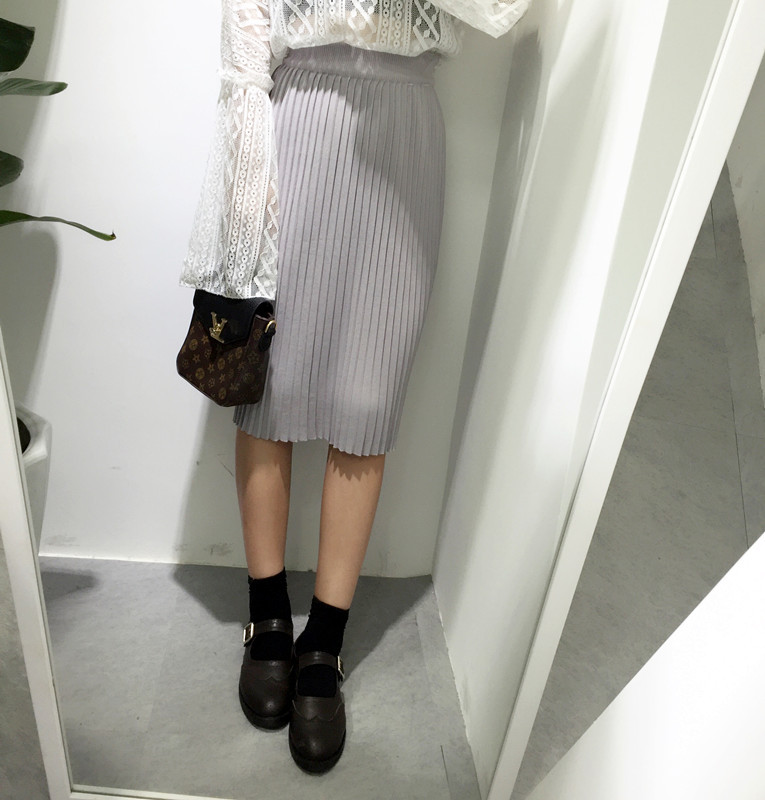 [SUSU]秋季韩版新款半身裙修身弹性毛衣裙百褶中长裙显瘦一步百搭