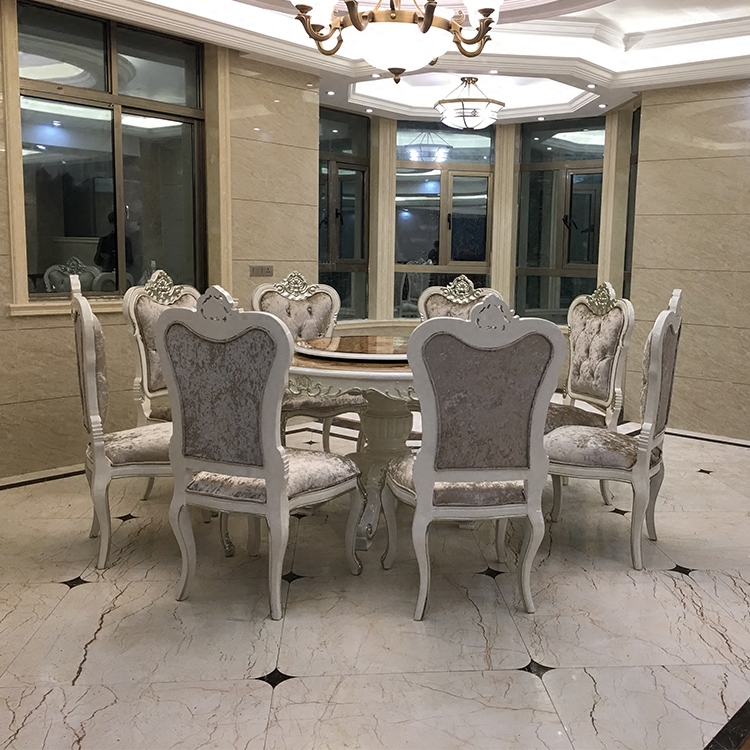 欧式圆形大理石餐厅餐桌椅组合 新古典8人实木雕花餐椅奢华饭桌