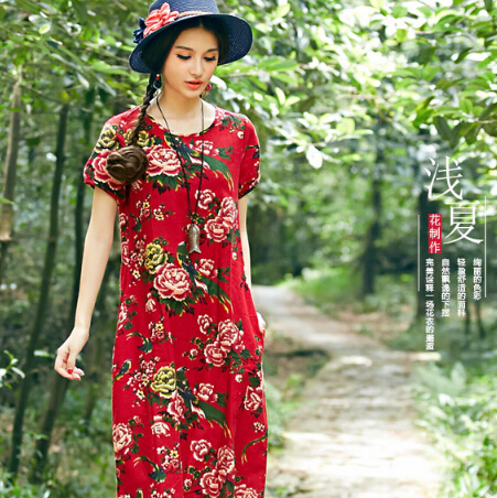 中国风女装批发 2015夏装棉麻印花民族风短袖连衣裙 复古文艺长裙