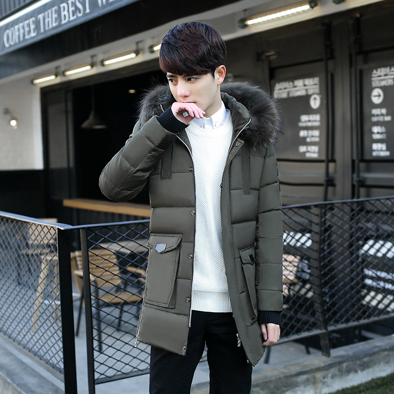 新款冬季羽绒服男纯色中长款修身加厚羽绒外套韩版青年潮款大衣