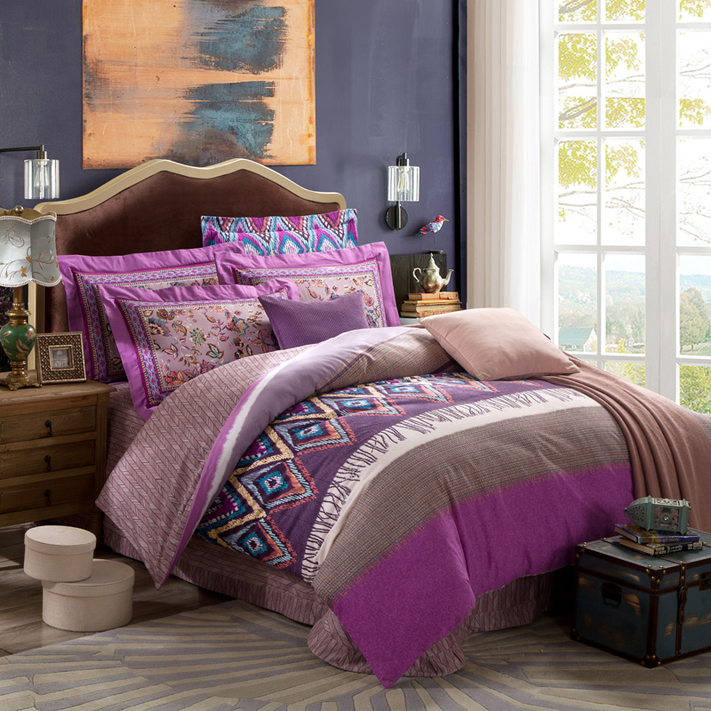 紫色活性大版印花全棉磨毛四件套加厚正品婚庆床上用品2.22.4保暖