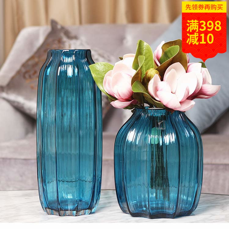 欧式创意蓝色琉璃花瓶花器 地中海现代简约家居玻璃插花装饰摆件
